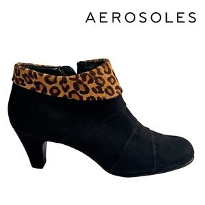 Aerosoles Boots Booties Heeled Play Pleat Faux Suede Leopard Animal Print Detail